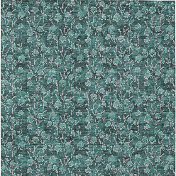 9' X 12' Teal Blue Aqua And Ivory Floral Washable Indoor Outdoor Area Rug