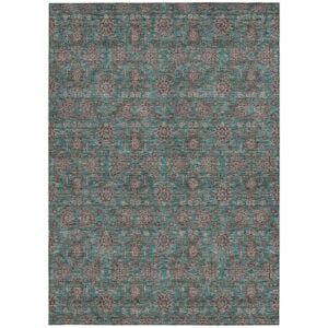 10' X 14' Teal Blue Beige And Taupe Floral Washable Indoor Outdoor Area Rug
