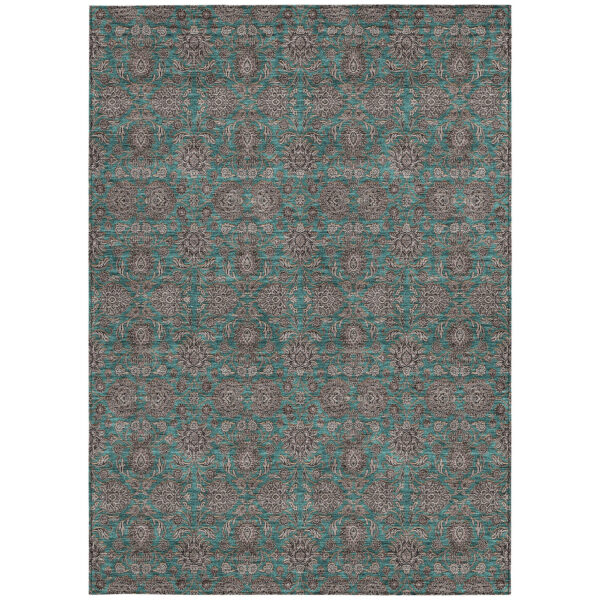 10' X 14' Teal Blue Beige And Taupe Floral Washable Indoor Outdoor Area Rug