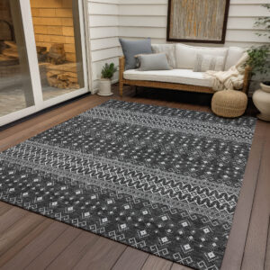 9' X 12' Gray Silver And Charcoal Tribal Washable Indoor Outdoor Area Rug