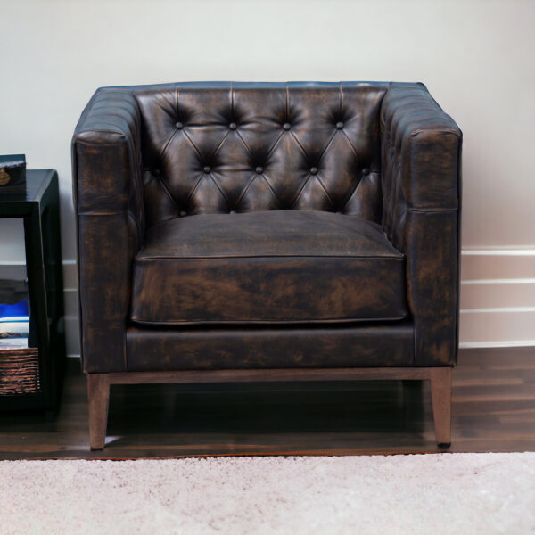 33" Brown and Black Antiqued Top Grain Leather Tufted Club Chair