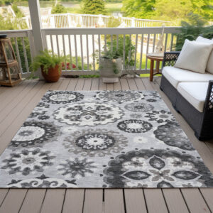 8' X 10' Silver Gray And Ivory Floral Medallion Washable Indoor Outdoor Area Rug