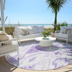 8' Purple Lavender And Ivory Round Moroccan Washable Indoor Outdoor Area Rug