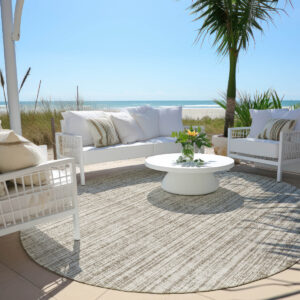 8' Taupe And Beige Round Striped Washable Indoor Outdoor Area Rug