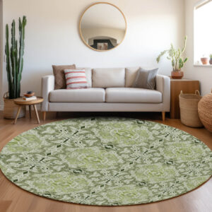 8' Artichoke Green And Fern Green Round Medallion Washable Indoor Outdoor Area Rug