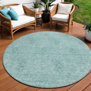 8' Teal Blue And Ivory Round Floral Washable Indoor Outdoor Area Rug