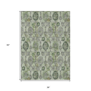 3' X 5' Artichoke Green And Fern Green Damask Washable Indoor Outdoor Area Rug