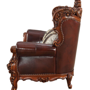 69" Brown And Walnut Top Grain Leather Curved Loveseat and Toss Pillows