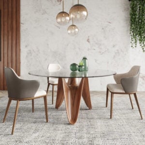 59" Clear And Walnut Rounded Glass And Solid Manufactured Wood Dining Table