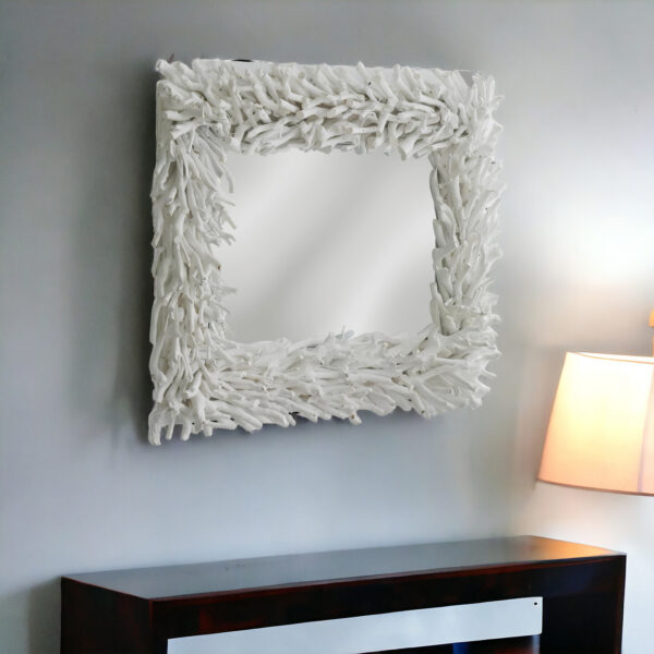 28" White Rattan Framed Accent Mirror