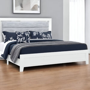 White and Light Gray Ribbed Texture Wood And Upholstery Lighted Full Bed Frame