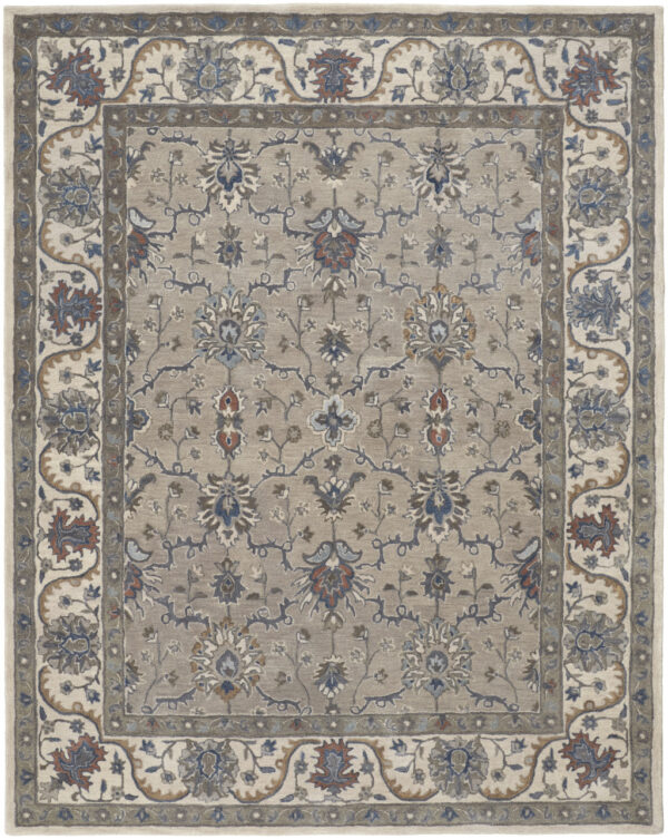 9' X 12' Taupe Ivory And Blue Wool Floral Tufted Handmade Stain Resistant Area Rug