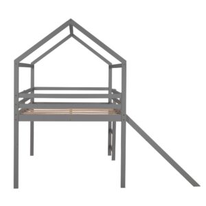 Gray Slat Manufactured Wood + Solid Wood Bunk Bed with Stairs and Slide