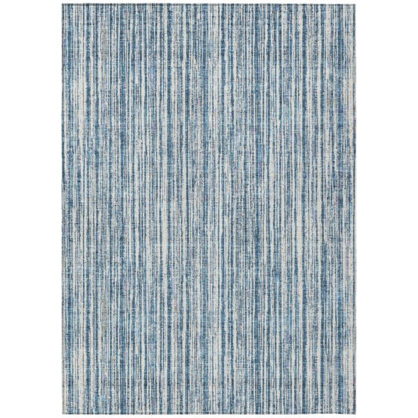 5' X 8' Blue And Ivory Striped Washable Indoor Outdoor Area Rug