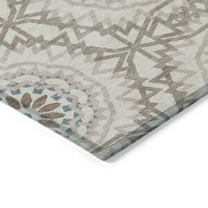 10' X 14' Beige Brown And Teal Blue Floral Medallion Washable Indoor Outdoor Area Rug