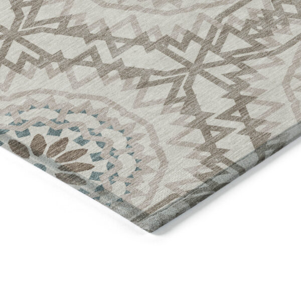 10' X 14' Beige Brown And Teal Blue Floral Medallion Washable Indoor Outdoor Area Rug