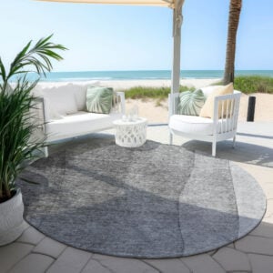 8' Gray Silver And Charcoal Round Ombre Washable Indoor Outdoor Area Rug