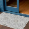 3' X 5' Gray Silver And Ivory Floral Medallion Washable Indoor Outdoor Area Rug