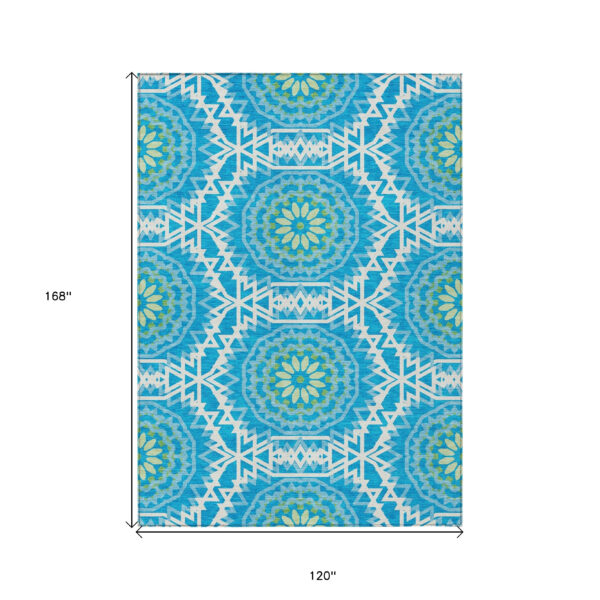 10' X 14' Ivory And Sky Blue Floral Medallion Washable Indoor Outdoor Area Rug