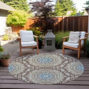 8' Khaki Brown And Taupe Round Floral Medallion Washable Indoor Outdoor Area Rug