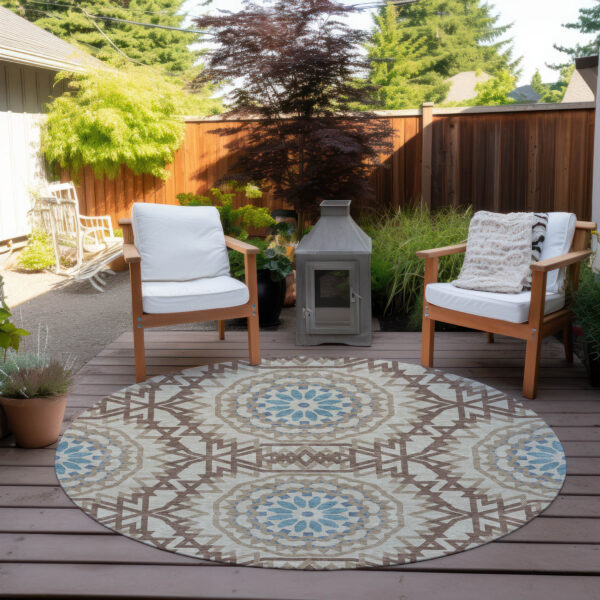 8' Khaki Brown And Taupe Round Floral Medallion Washable Indoor Outdoor Area Rug