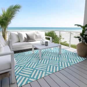 3' X 5' Teal Blue And Ivory Geometric Washable Indoor Outdoor Area Rug