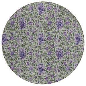 8' Olive Green Sage And Purple Round Floral Washable Indoor Outdoor Area Rug