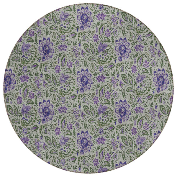 8' Olive Green Sage And Purple Round Floral Washable Indoor Outdoor Area Rug