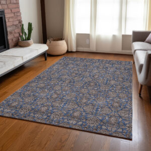 5' X 8' Navy Blue Beige And Taupe Floral Washable Indoor Outdoor Area Rug