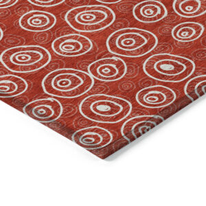 8' Red And Ivory Round Geometric Washable Indoor Outdoor Area Rug