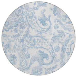 8' Sky Blue Denim Blue And Ivory Round Paisley Washable Indoor Outdoor Area Rug
