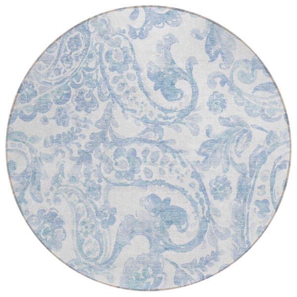 8' Sky Blue Denim Blue And Ivory Round Paisley Washable Indoor Outdoor Area Rug