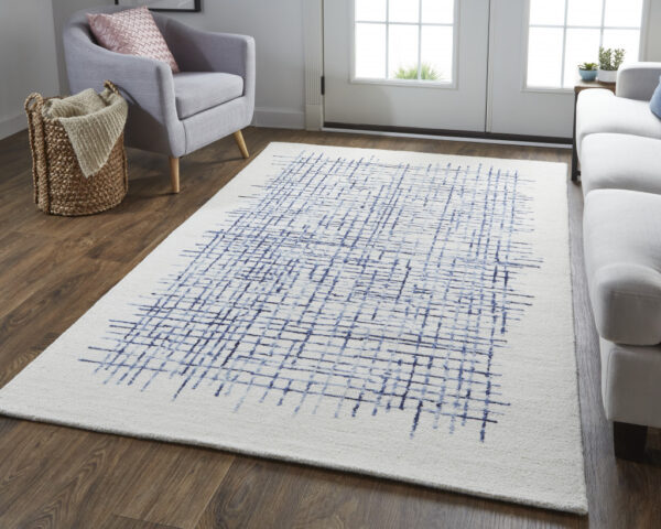 8' X 10' Ivory And Blue Wool Plaid Tufted Handmade Stain Resistant Area Rug