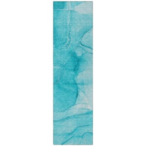 8' Runner Teal Abstract Washable Non Skid Indoor Outdoor Runner Rug
