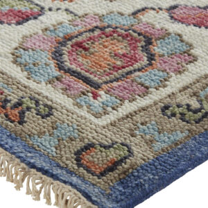 12' X 15' Blue And Red Wool Floral Hand Knotted Stain Resistant Area Rug
