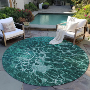 8' Teal Blue Aqua And Turquoise Round Abstract Washable Indoor Outdoor Area Rug
