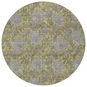 8' Gold Gray And Charcoal Round Floral Washable Indoor Outdoor Area Rug