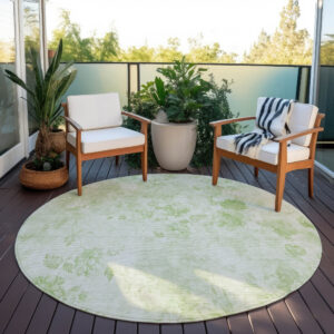 8' Green And Ivory Round Floral Washable Indoor Outdoor Area Rug