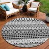 8' Black Gray And Ivory Round Quatrefoil Washable Indoor Outdoor Area Rug