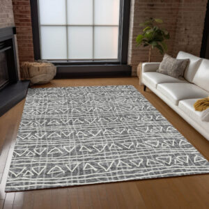 5' X 8' Charcoal Gray And Ivory Geometric Washable Indoor Outdoor Area Rug