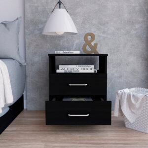 20" Black Two Drawer Faux Wood Nightstand