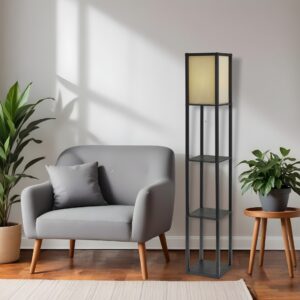 63" Black And White Wood Column Floor Lamp With White Fabric Shade And Storage