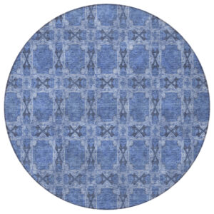 8' Round Denim Blue and Gray Round Floral Medallion Washable Non Skid Indoor Outdoor Area Rug