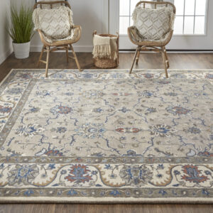 5' X 8' Taupe Ivory And Blue Wool Floral Tufted Handmade Stain Resistant Area Rug