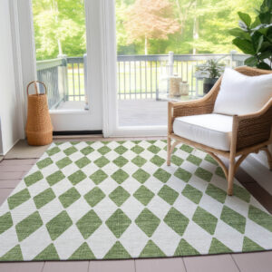 3' X 5' Green And Ivory Geometric Washable Indoor Outdoor Area Rug