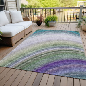 5' X 8' Teal Blue Artichoke Green And Green Abstract Washable Indoor Outdoor Area Rug