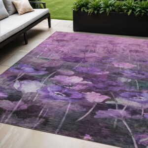 5' X 8' Purple Eggplant And Lavender Floral Washable Indoor Outdoor Area Rug