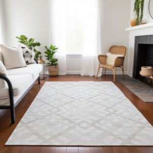 3' X 5' Ivory Beige And Tan Geometric Washable Indoor Outdoor Area Rug