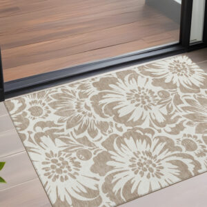 2' X 3' Taupe and Ivory Floral Washable Non Skid Indoor Outdoor Area Rug