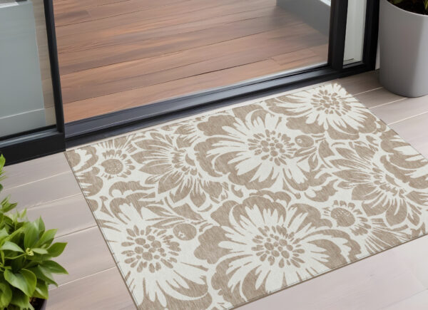 2' X 3' Taupe and Ivory Floral Washable Non Skid Indoor Outdoor Area Rug